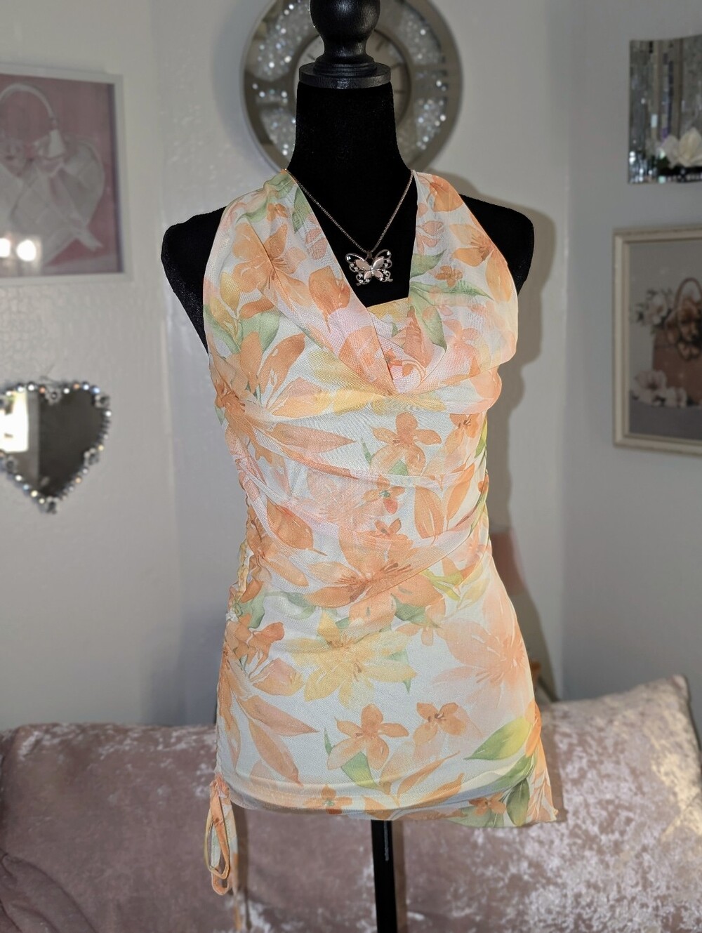 Women’s Floral Orange Halter Cowl Ruched Camisole